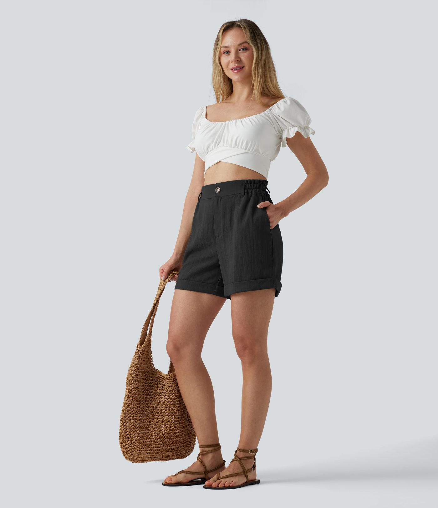 High Waisted Rolled Hem Linen-Feel Resort Shorts 5'' with Pockets