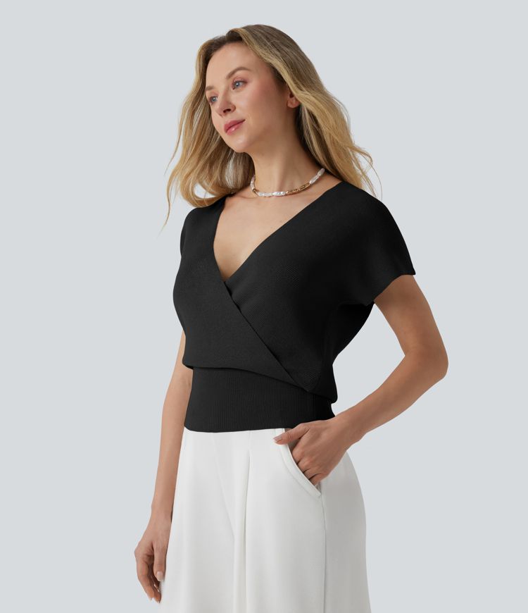 Pull décontracté col V croisé à manches courtes