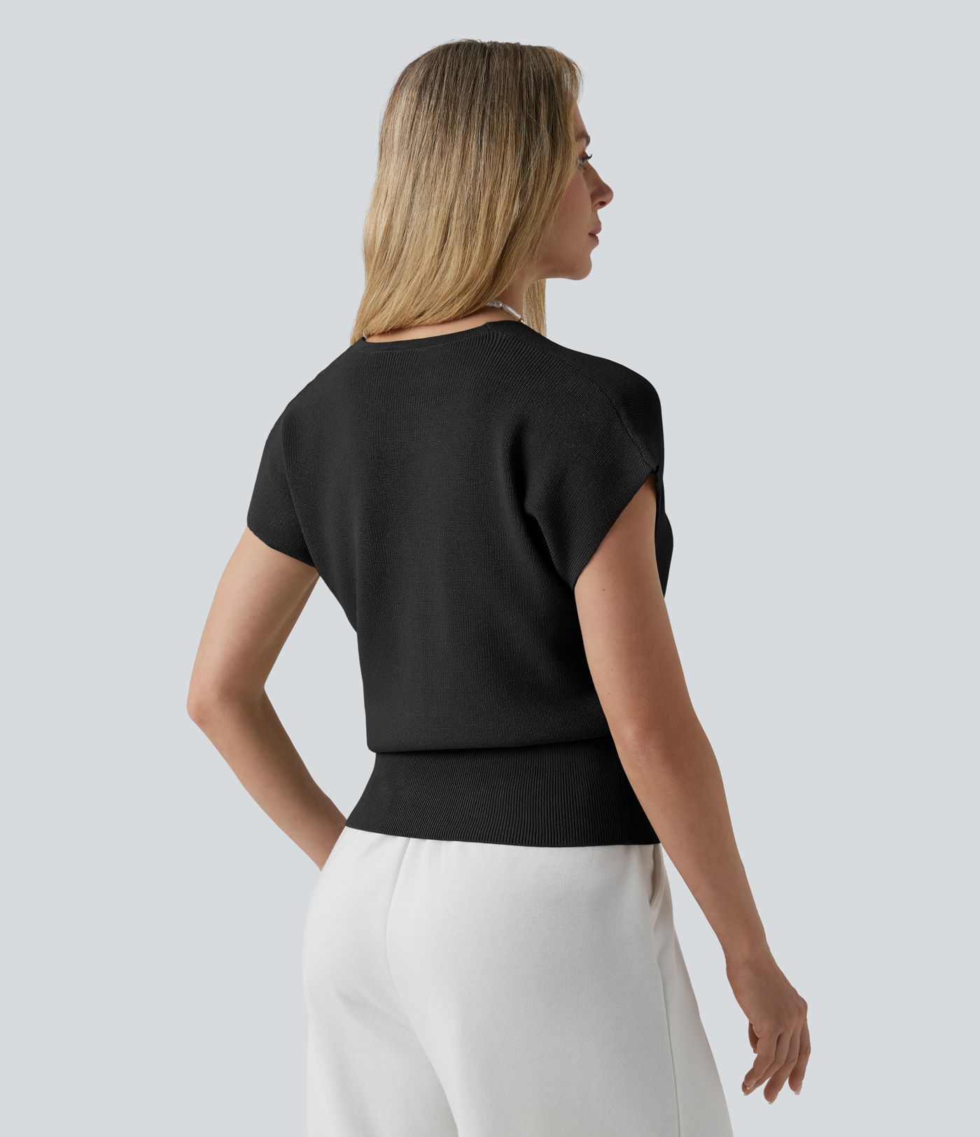 Pull décontracté col V croisé à manches courtes