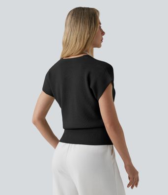 Pull décontracté col V croisé à manches courtes