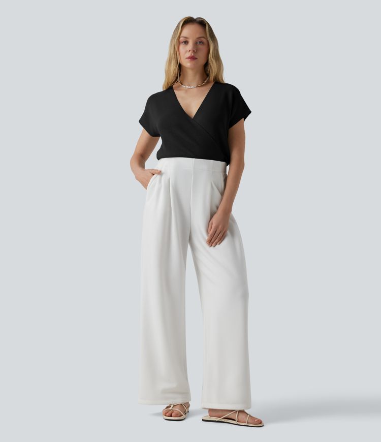 Pull décontracté col V croisé à manches courtes