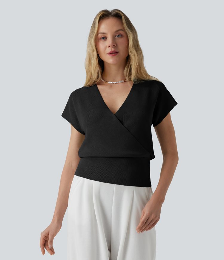 Pull décontracté col V croisé à manches courtes