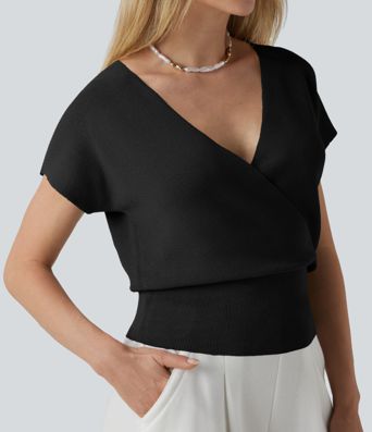 Pull décontracté col V croisé à manches courtes