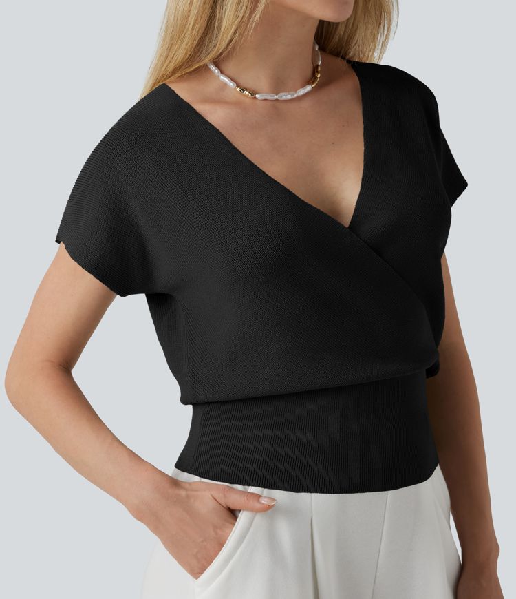 Pull décontracté col V croisé à manches courtes