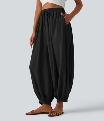 High Waisted Drawstring Linen-Feel Resort Flowy Balloon Pants with Pockets
