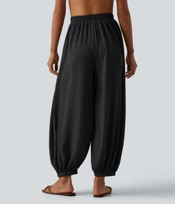 High Waisted Drawstring Linen-Feel Resort Flowy Balloon Pants with Pockets