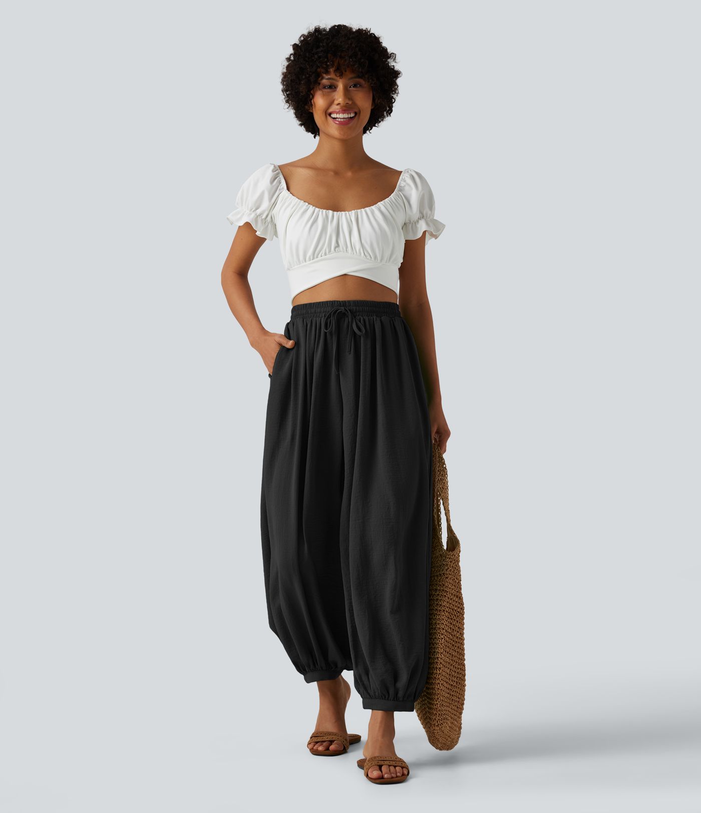 High Waisted Drawstring Linen-Feel Resort Flowy Balloon Pants with Pockets