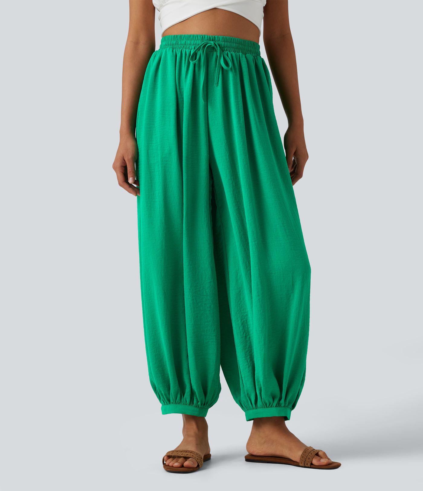 High Waisted Drawstring Linen-Feel Resort Flowy Balloon Pants with Pockets