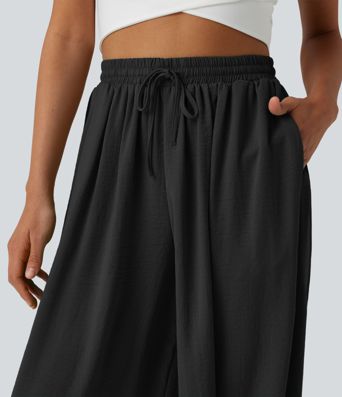 High Waisted Drawstring Linen-Feel Resort Flowy Balloon Pants with Pockets