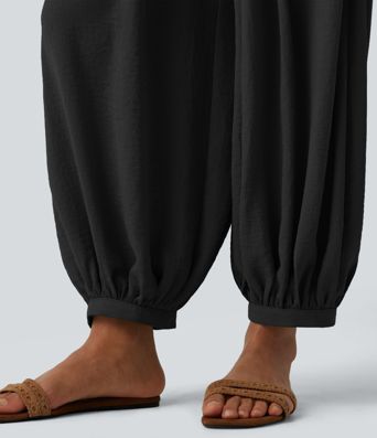 High Waisted Drawstring Linen-Feel Resort Flowy Balloon Pants with Pockets