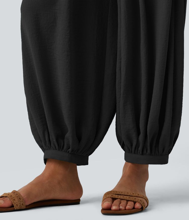 High Waisted Drawstring Linen-Feel Resort Flowy Balloon Pants with Pockets