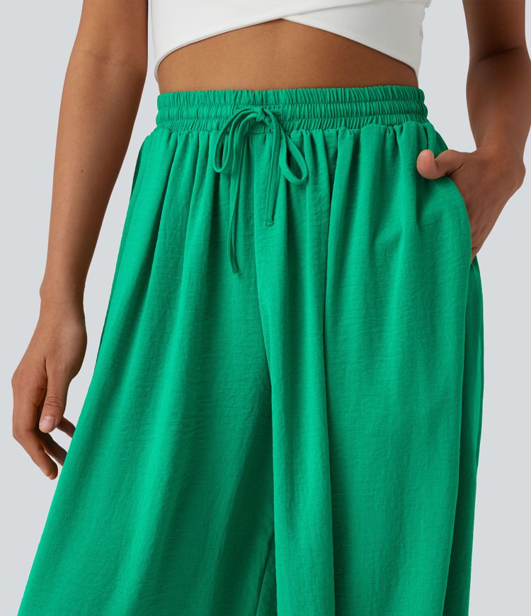 High Waisted Drawstring Linen-Feel Resort Flowy Balloon Pants with Pockets