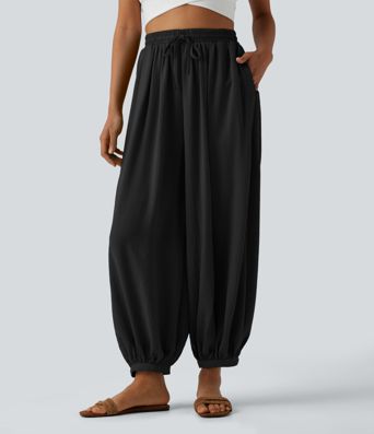High Waisted Drawstring Linen-Feel Resort Flowy Balloon Pants with Pockets