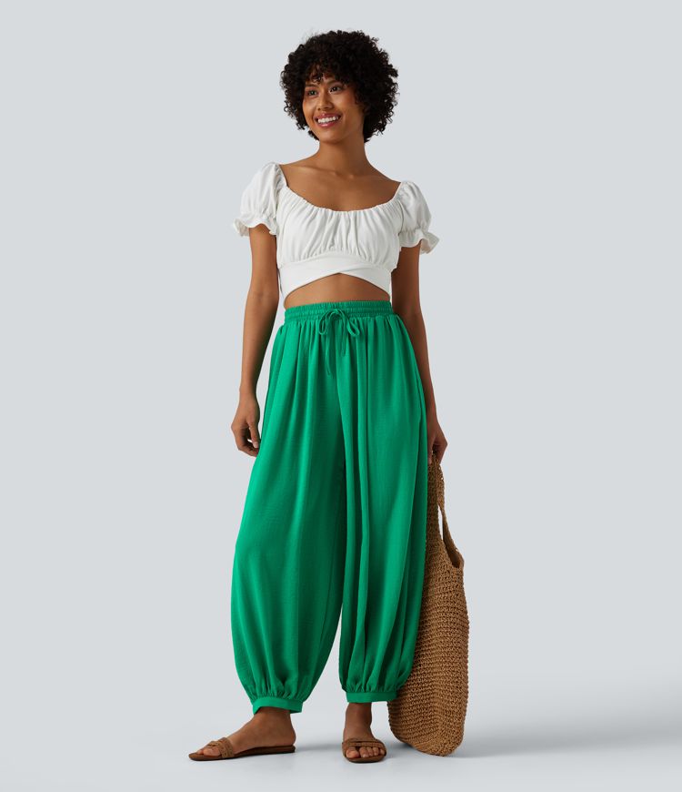 High Waisted Drawstring Linen-Feel Resort Flowy Balloon Pants with Pockets