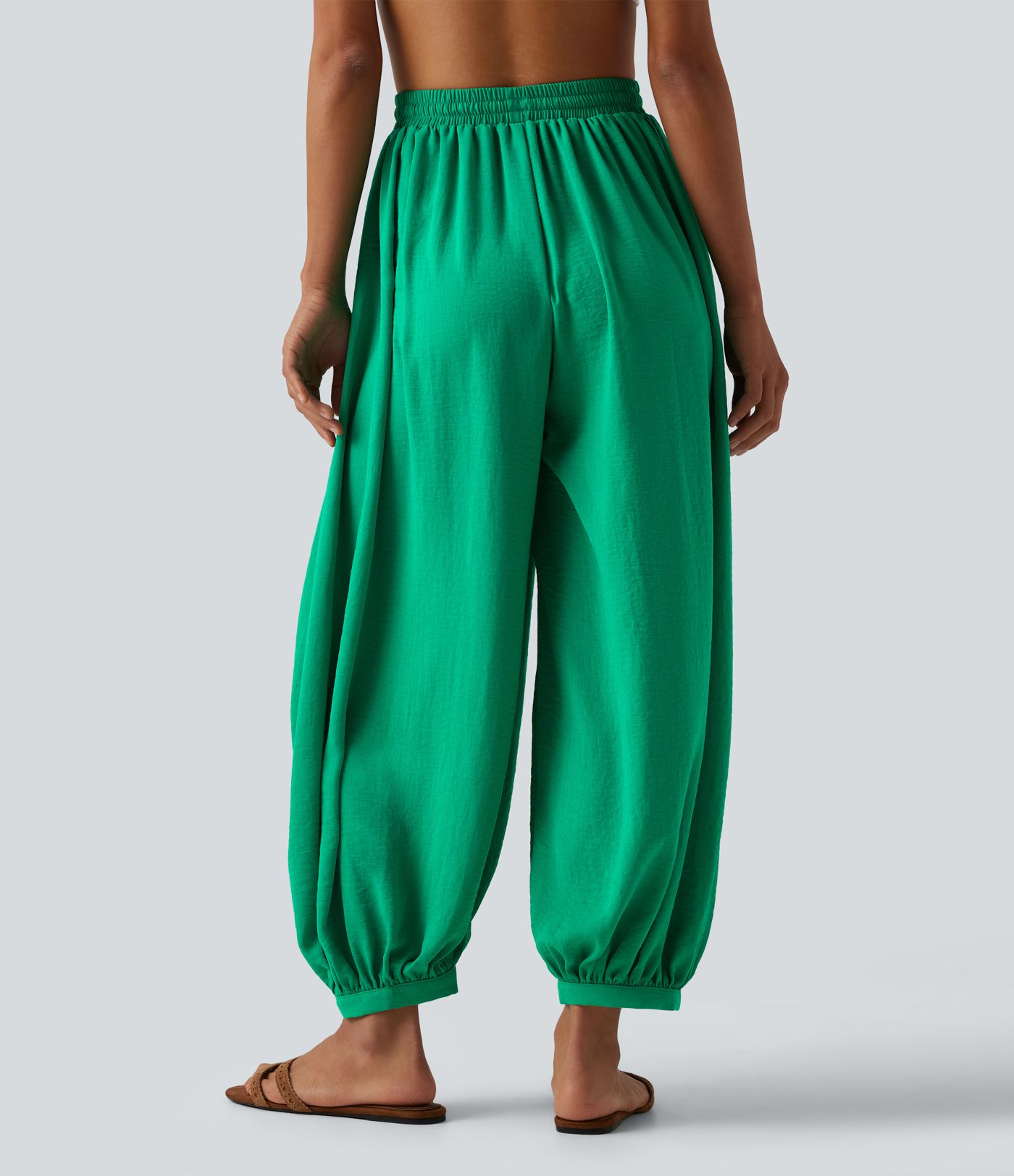 High Waisted Drawstring Linen-Feel Resort Flowy Balloon Pants with Pockets