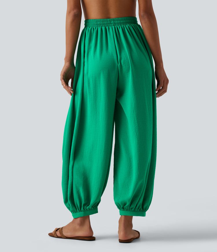 High Waisted Drawstring Linen-Feel Resort Flowy Balloon Pants with Pockets