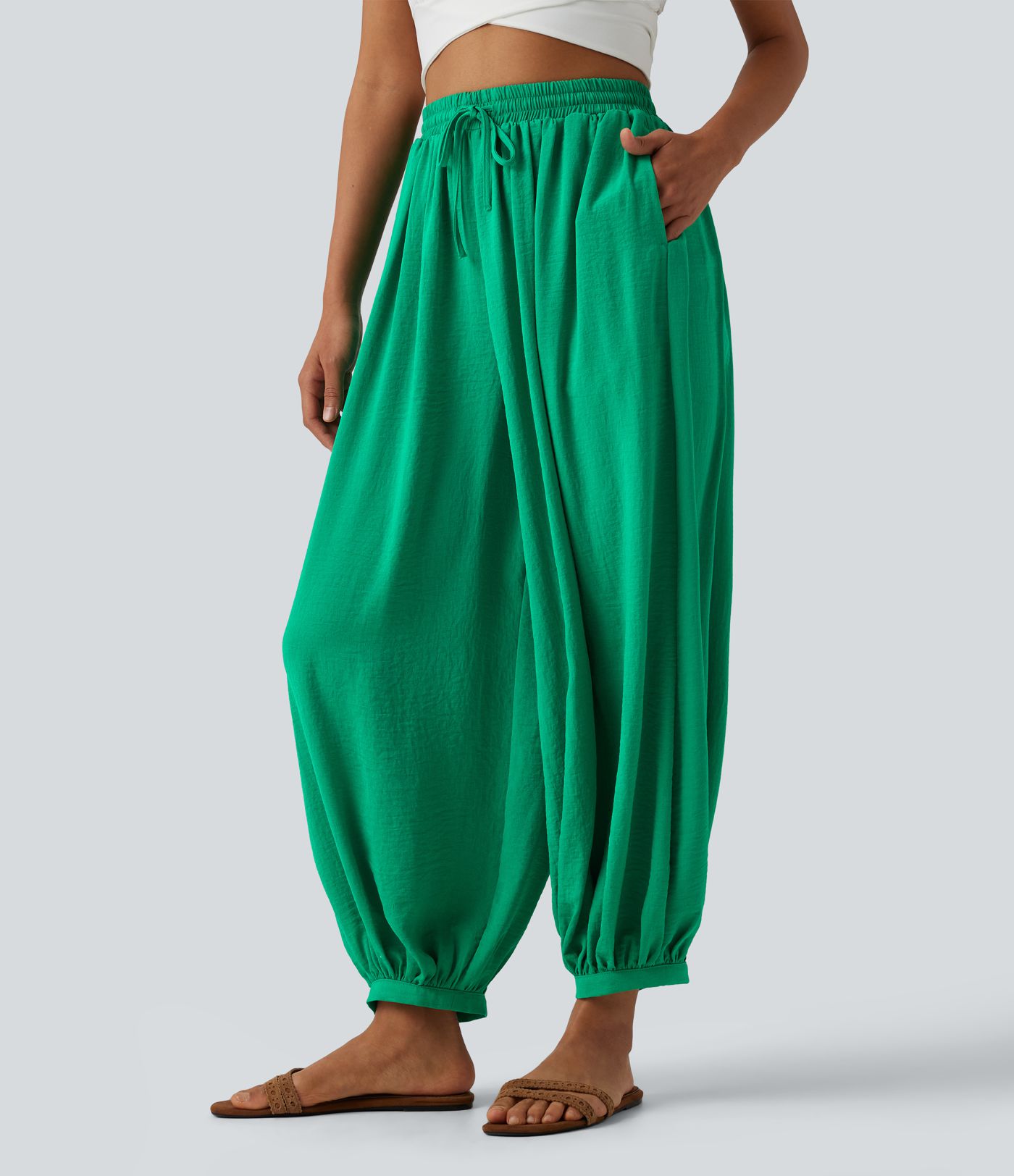 High Waisted Drawstring Linen-Feel Resort Flowy Balloon Pants with Pockets