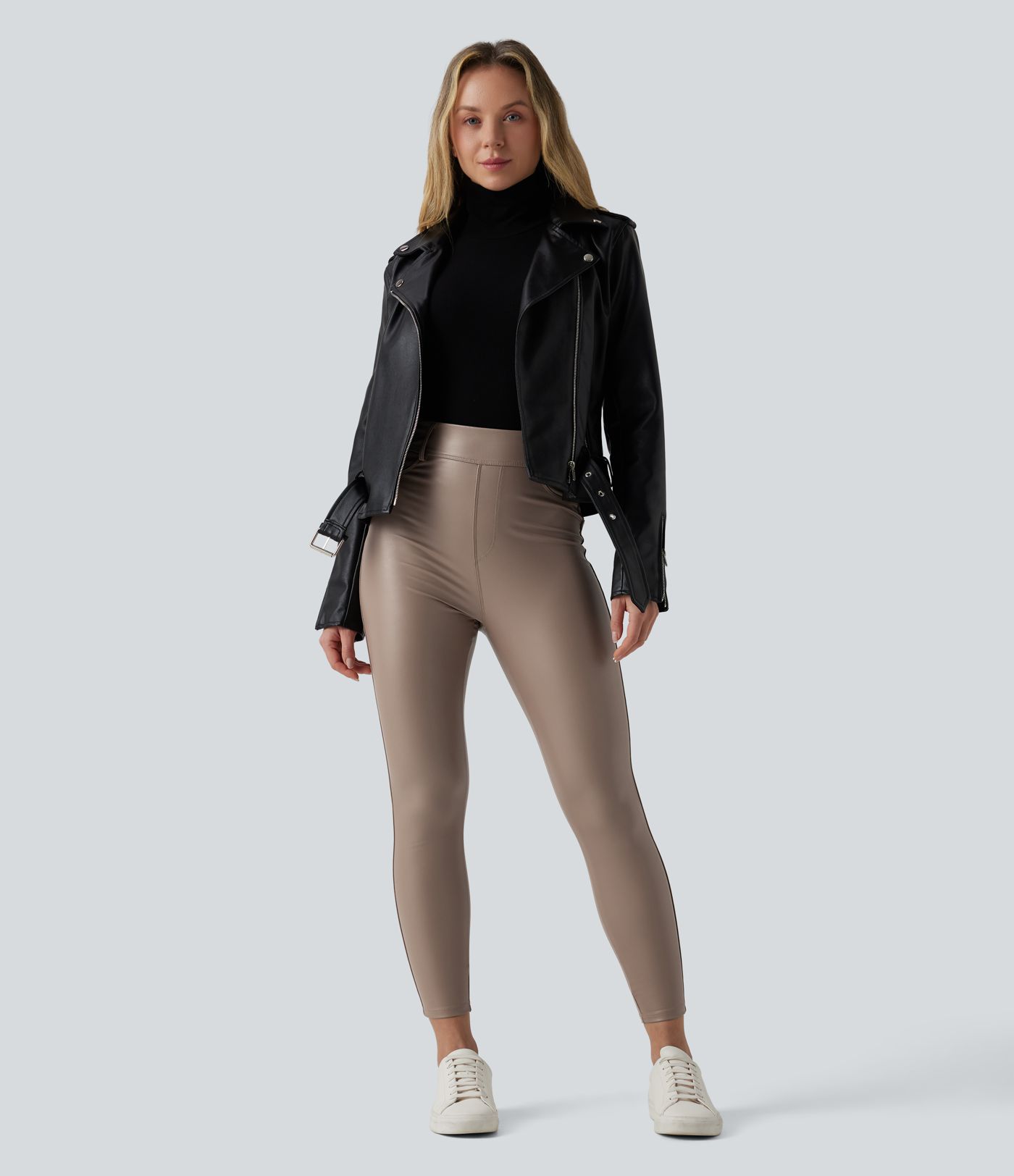 High Waisted Stretchy PU Fleece Casual Leggings with Pockets
