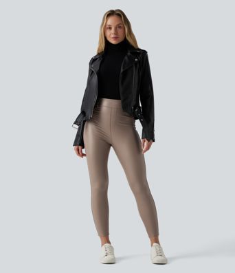 High Waisted Stretchy PU Fleece Casual Leggings with Pockets