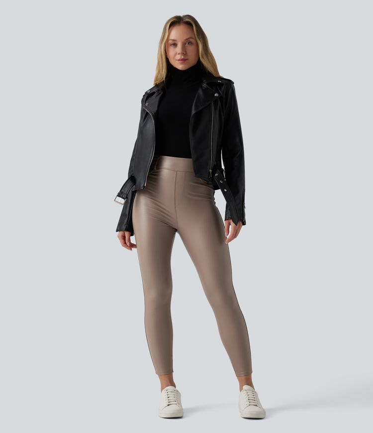 High Waisted Stretchy PU Fleece Casual Leggings with Pockets