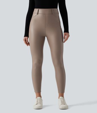 High Waisted Stretchy PU Fleece Casual Leggings with Pockets