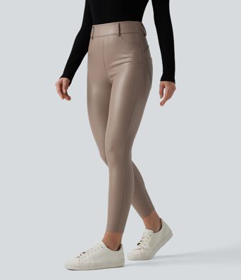 High Waisted Stretchy PU Fleece Casual Leggings with Pockets