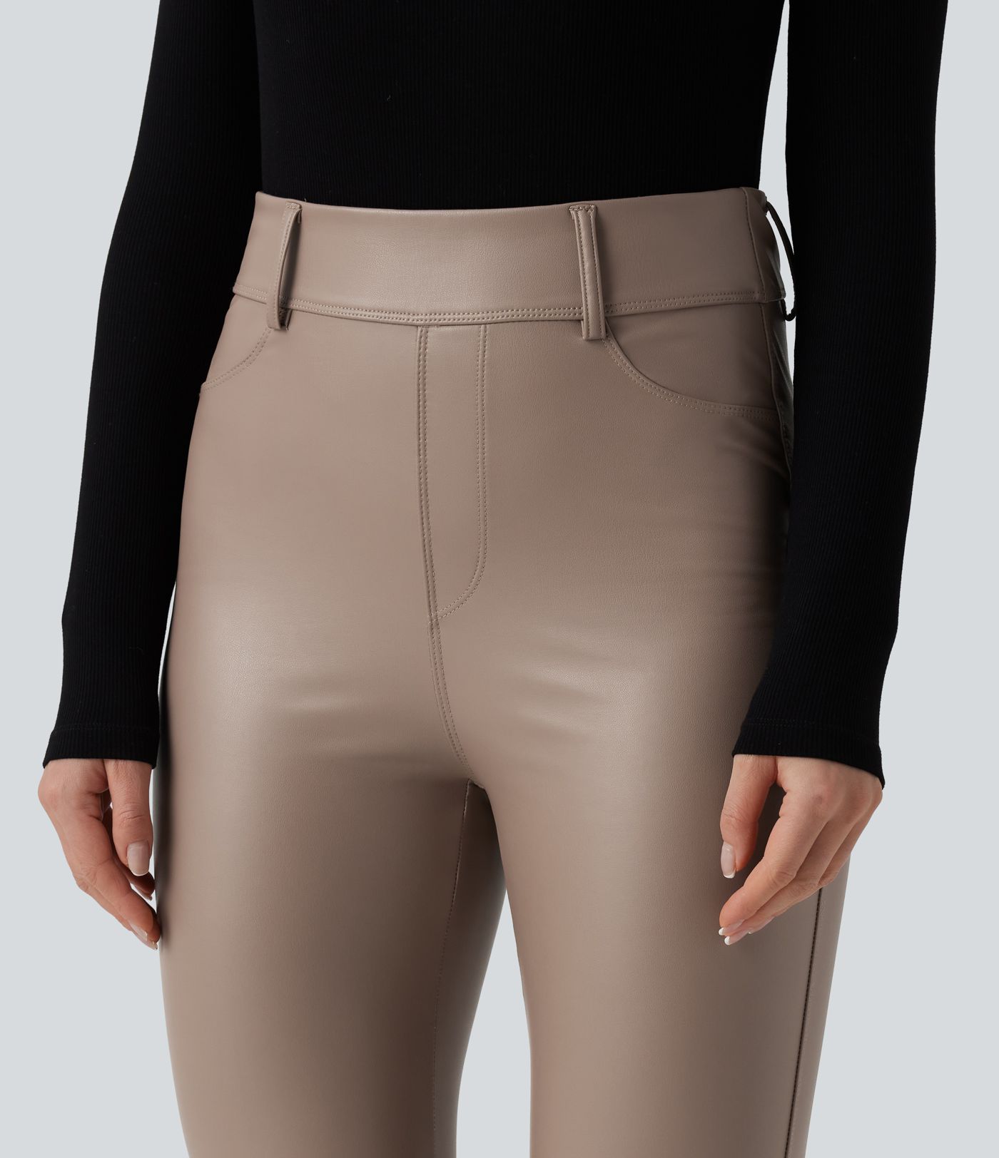 High Waisted Stretchy PU Fleece Casual Leggings with Pockets