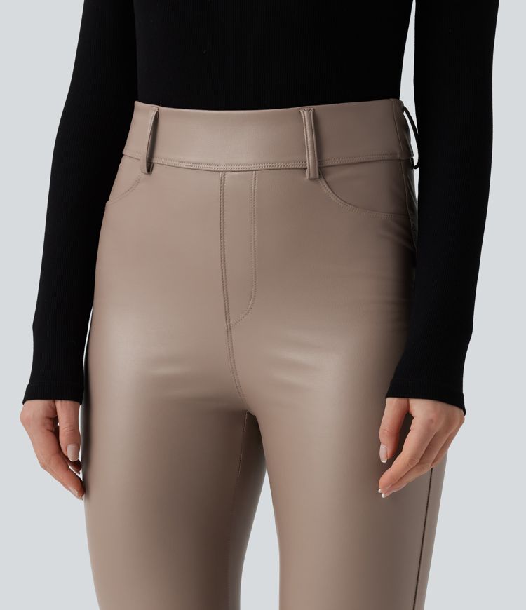 High Waisted Stretchy PU Fleece Casual Leggings with Pockets