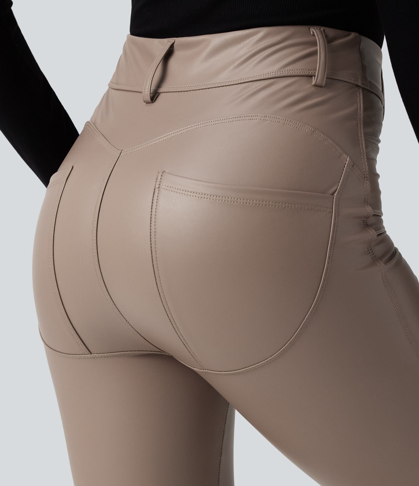 High Waisted Stretchy PU Fleece Casual Leggings with Pockets