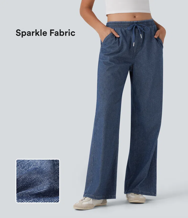 Tide Blue Denim Low Rise Drawstring Wide Leg Silver Shine Casual Sweatpants Jeans with Pockets / 1