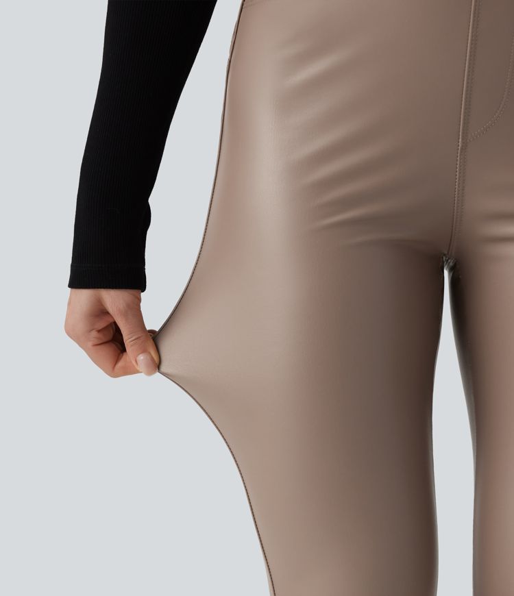 High Waisted Stretchy PU Fleece Casual Leggings with Pockets