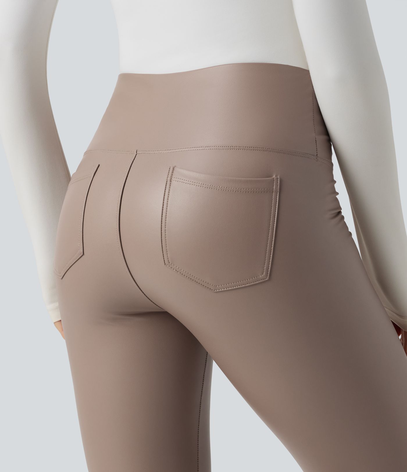 High Waisted Tummy Control Stretchy PU Fleece 7/8 Skinny Casual Leggings with Pockets