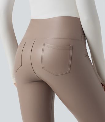 High Waisted Tummy Control Stretchy PU Fleece 7/8 Skinny Casual Leggings with Pockets