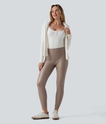 High Waisted Tummy Control Stretchy PU Fleece 7/8 Skinny Casual Leggings with Pockets