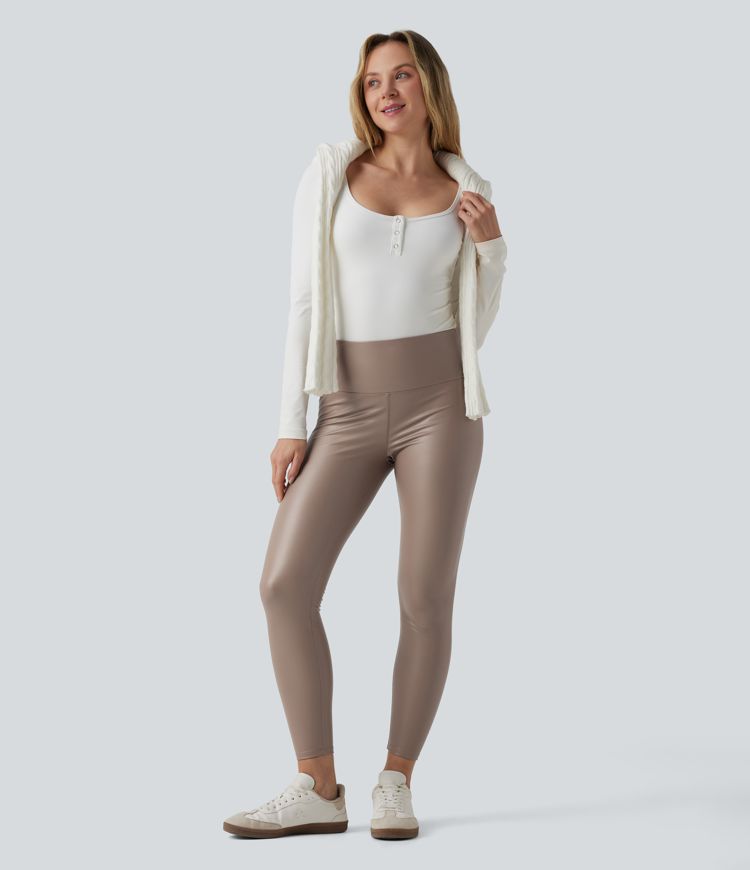 High Waisted Tummy Control Stretchy PU Fleece 7/8 Skinny Casual Leggings with Pockets