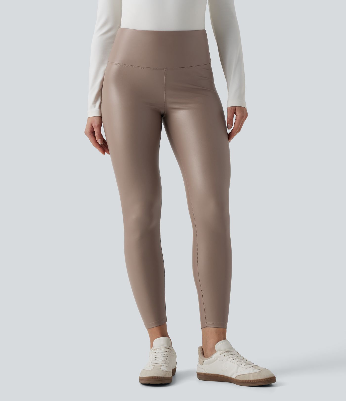 High Waisted Tummy Control Stretchy PU Fleece 7/8 Skinny Casual Leggings with Pockets