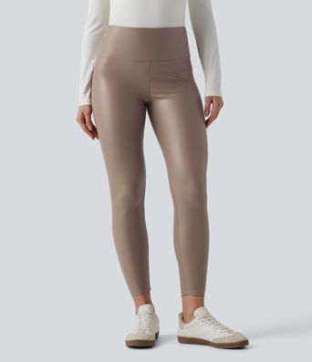 High Waisted Tummy Control Stretchy PU Fleece 7/8 Skinny Casual Leggings with Pockets