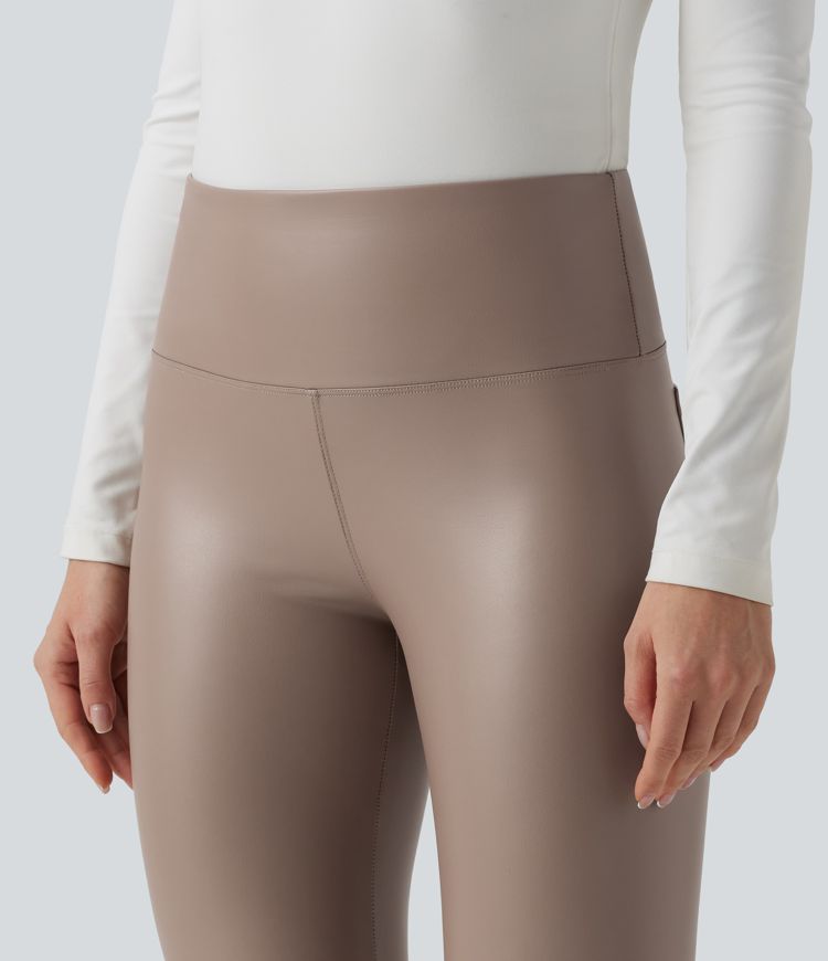 High Waisted Tummy Control Stretchy PU Fleece 7/8 Skinny Casual Leggings with Pockets