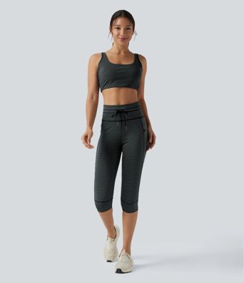 Pedal-Pusher-Yoga-Leggings mit hohem Bund, Seitentaschen, Kordelzug und Streifen