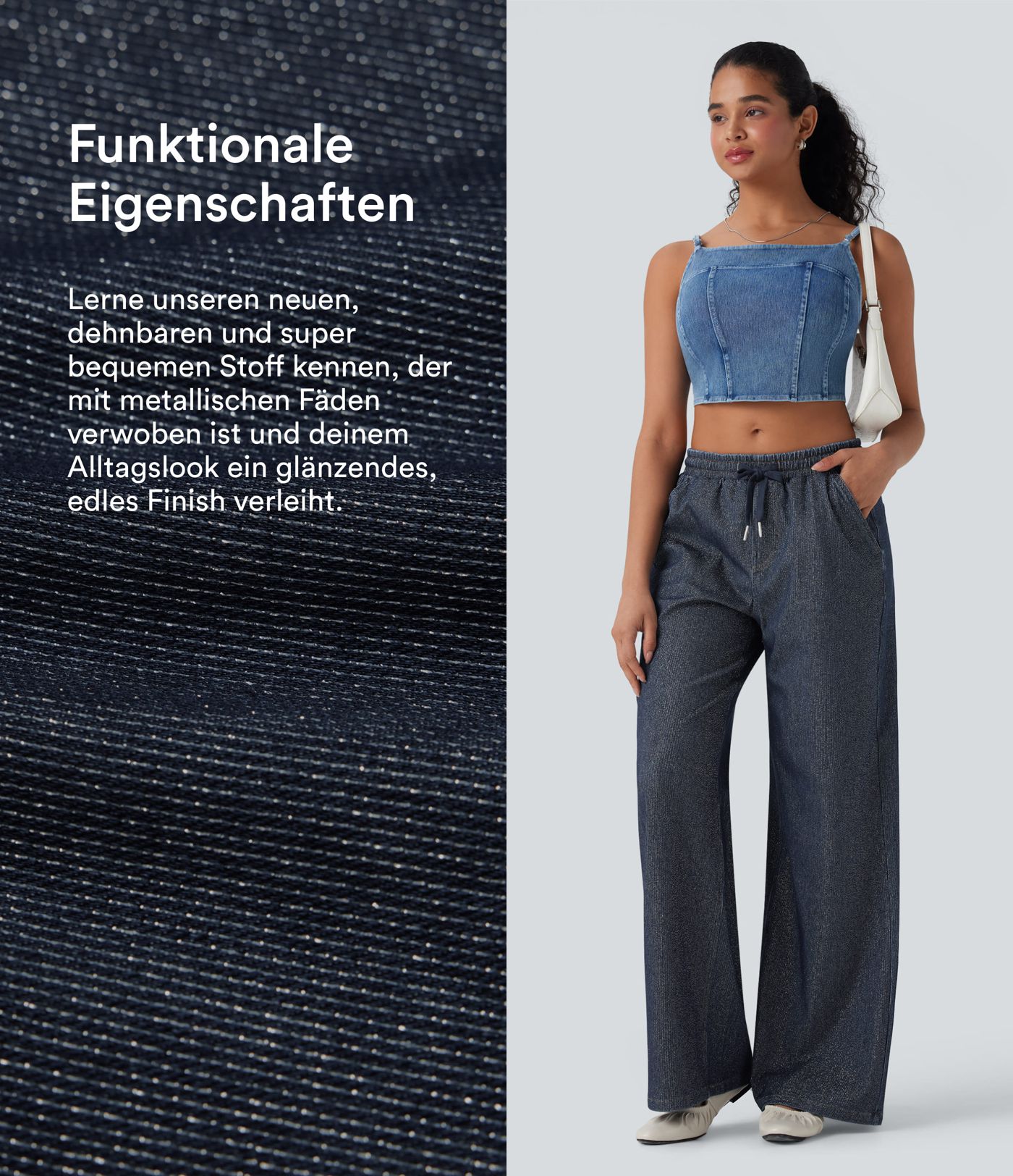 Halara Flex™ - Lässige Denim-Joggers mit niedrigem Bund, Seitentaschen, Kordelzug, Glanz-Effekt und weitem Bein