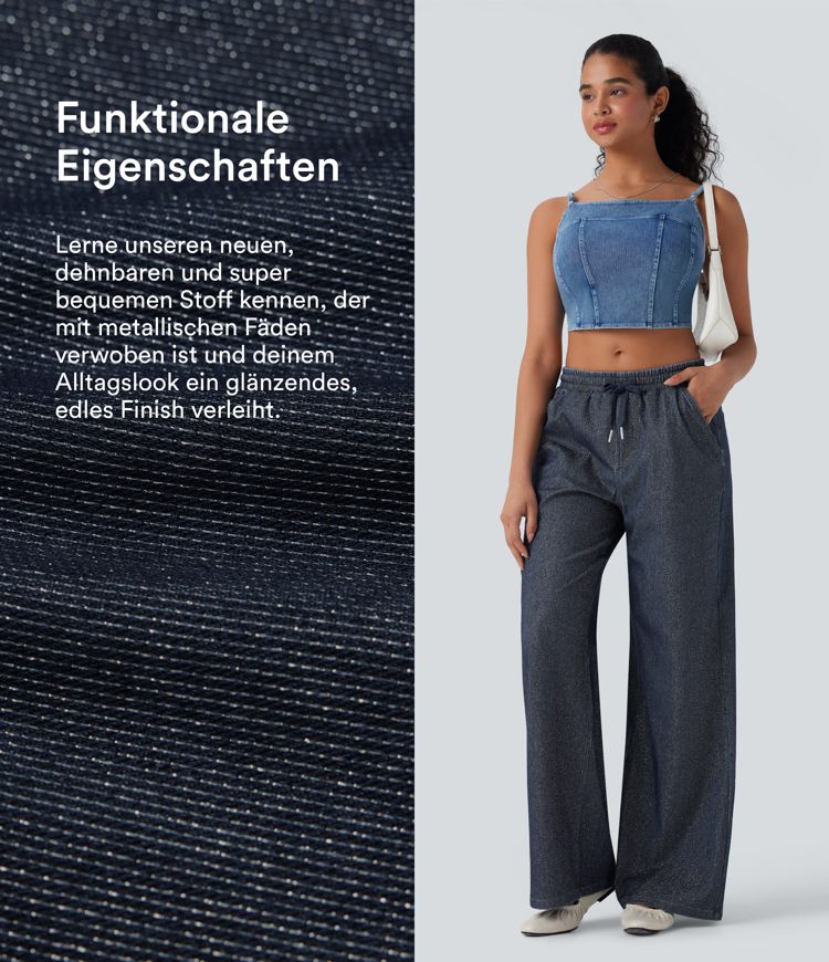 Halara Flex™ - Lässige Denim-Joggers mit niedrigem Bund, Seitentaschen, Kordelzug, Glanz-Effekt und weitem Bein