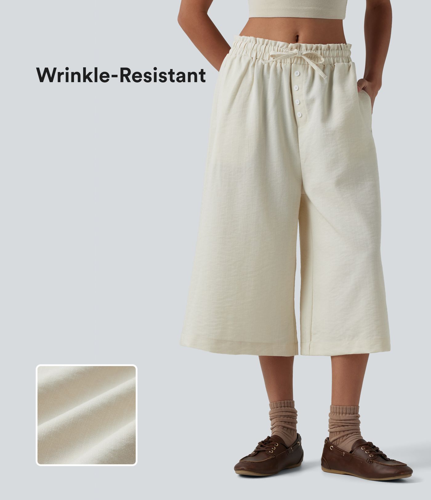 Wrinkle-Resistant Mid Rise Drawstring Frill Trim Linen-Feel Casual Capri Baggy Pants with Pockets