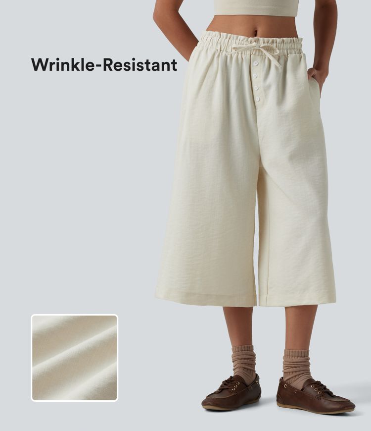 Wrinkle-Resistant Mid Rise Drawstring Frill Trim Linen-Feel Casual Capri Baggy Pants with Pockets