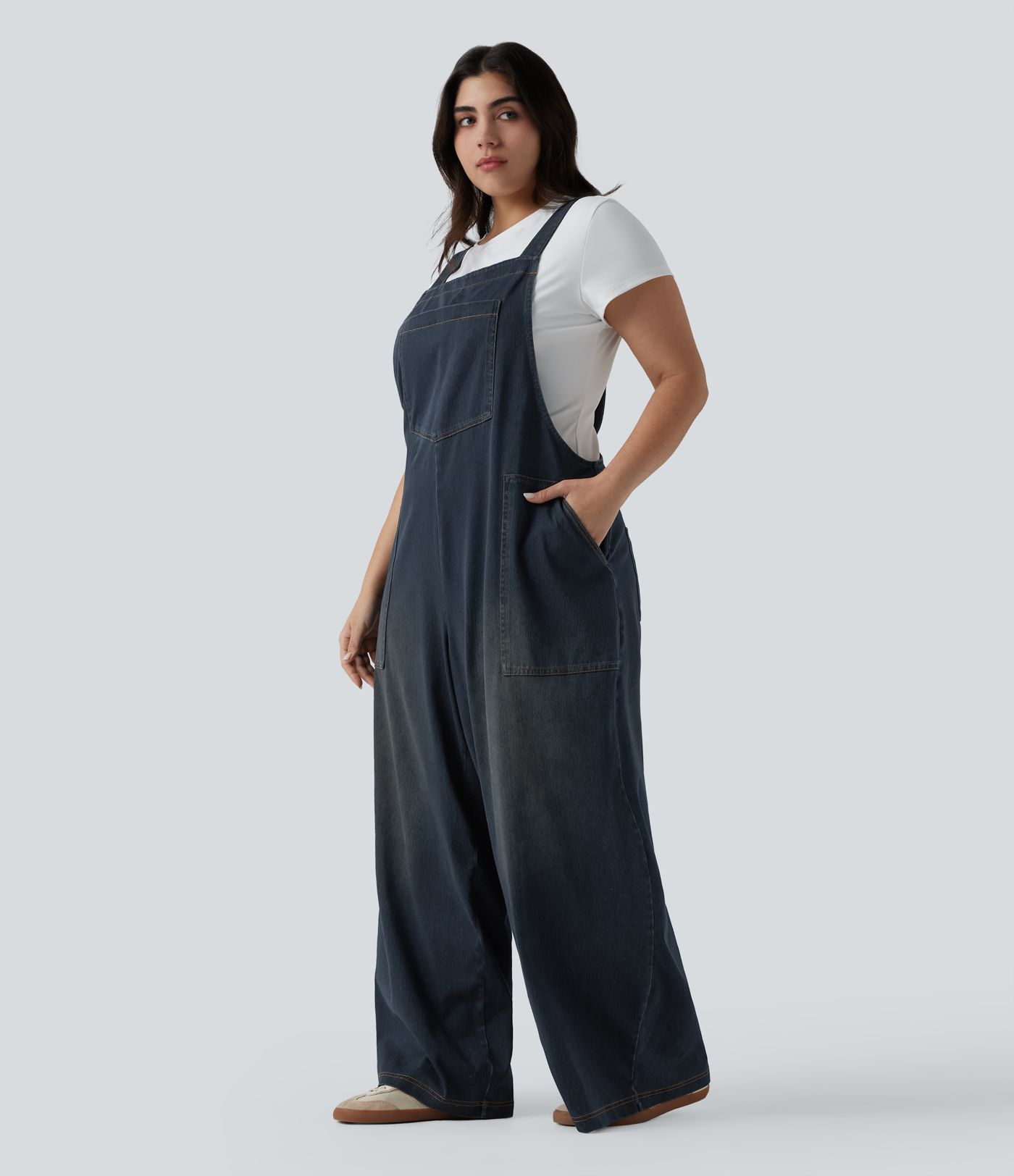 Plus Size Halara Flex™ Square Neck Washed Denim Casual Dungarees with Pockets Plus Size Halara Flex™ Square Neck Washed Denim Casual Dungarees with Pockets