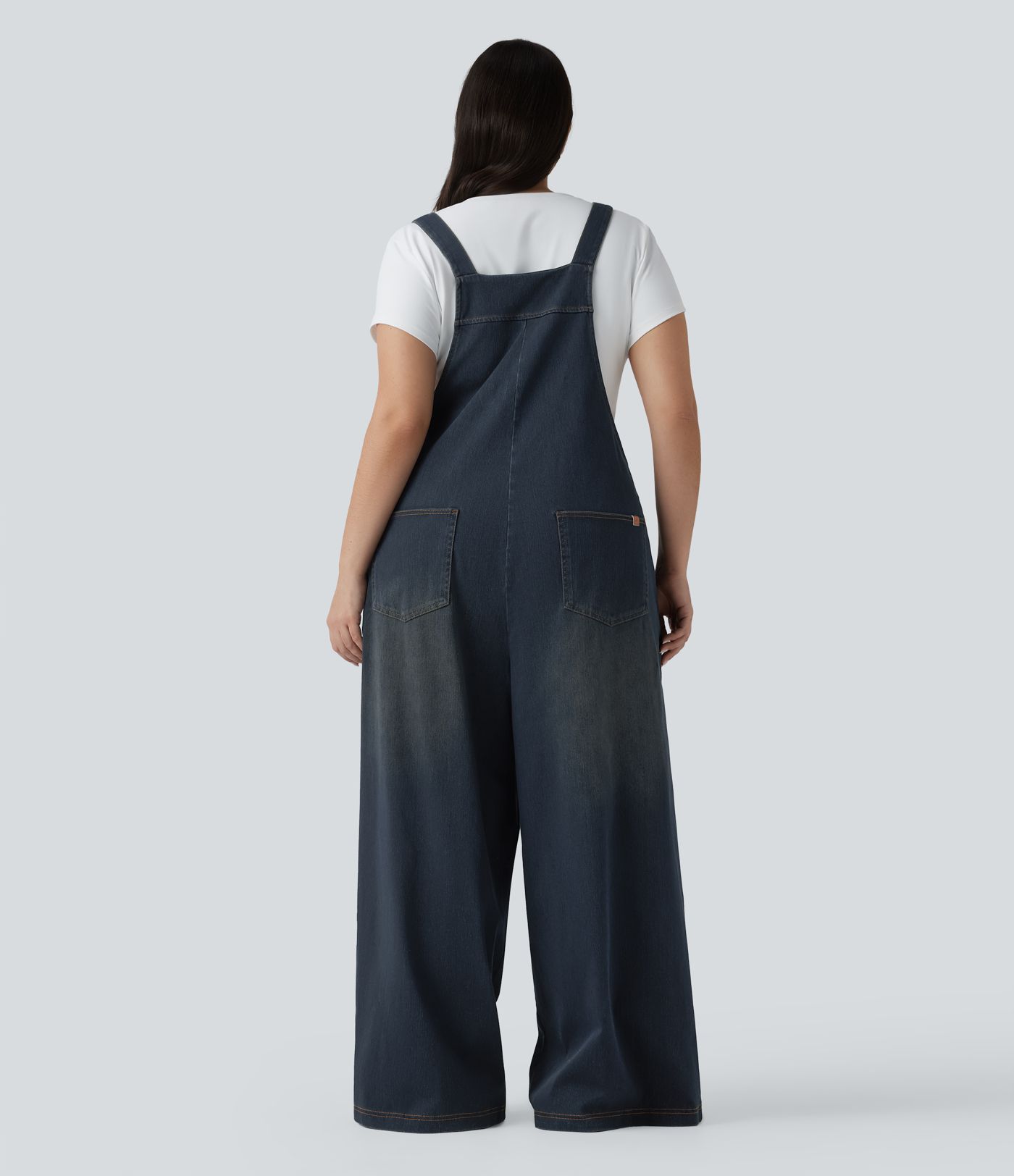 Plus Size Halara Flex™ Square Neck Washed Denim Casual Dungarees with Pockets Plus Size Halara Flex™ Square Neck Washed Denim Casual Dungarees with Pockets