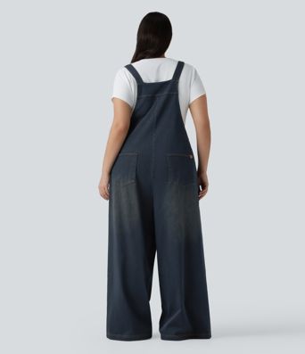 Plus Size Halara Flex™ Square Neck Washed Denim Casual Dungarees with Pockets Plus Size Halara Flex™ Square Neck Washed Denim Casual Dungarees with Pockets