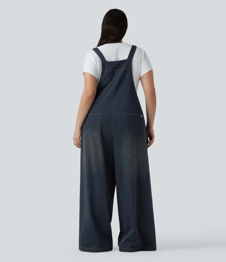 Plus Size Halara Flex™ Square Neck Washed Denim Casual Dungarees with Pockets Plus Size Halara Flex™ Square Neck Washed Denim Casual Dungarees with Pockets