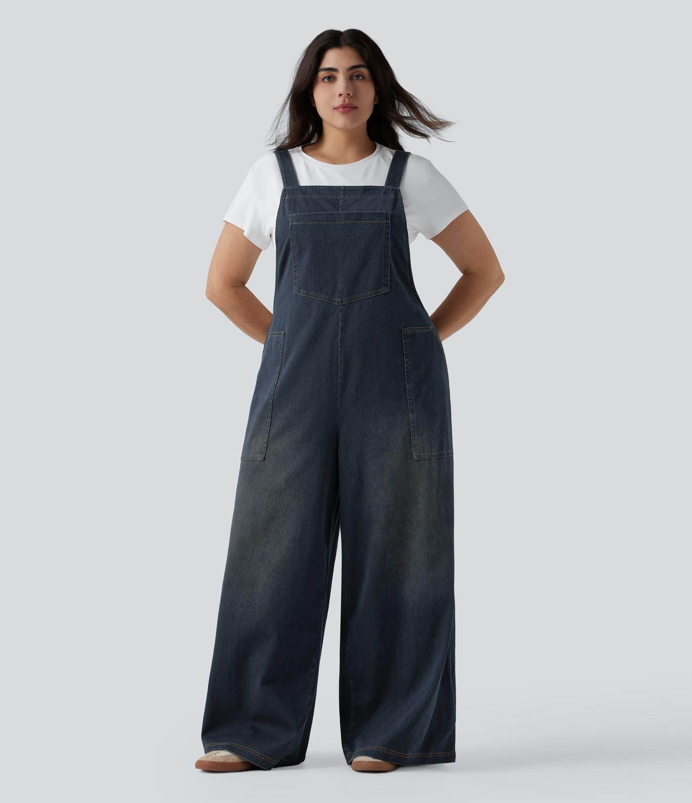 Plus Size Halara Flex™ Square Neck Washed Denim Casual Dungarees with Pockets Plus Size Halara Flex™ Square Neck Washed Denim Casual Dungarees with Pockets