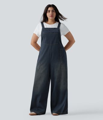 Plus Size Halara Flex™ Square Neck Washed Denim Casual Dungarees with Pockets Plus Size Halara Flex™ Square Neck Washed Denim Casual Dungarees with Pockets
