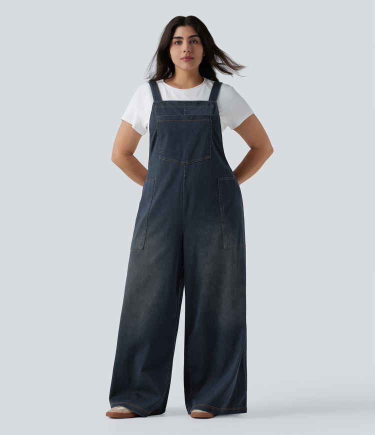 Plus Size Halara Flex™ Square Neck Washed Denim Casual Dungarees with Pockets Plus Size Halara Flex™ Square Neck Washed Denim Casual Dungarees with Pockets